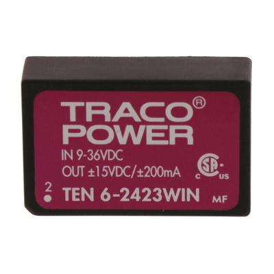 TRACOPOWER TEN 6WIN DC-DC Converter, ±15V dc/ ±200mA Output, 9 → 36 V dc Input, 6W, Through Hole, +85°C Max Temp