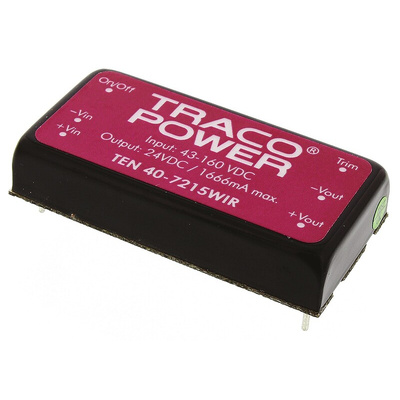TRACOPOWER TEN 40WIR DC-DC Converter, 24V dc/ 1.67A Output, 43 → 160 V dc Input, 40W, Through Hole, +85°C Max