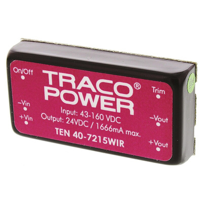 TRACOPOWER TEN 40WIR DC-DC Converter, 24V dc/ 1.67A Output, 43 → 160 V dc Input, 40W, Through Hole, +85°C Max
