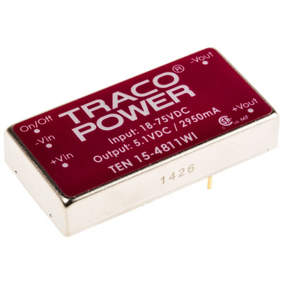 TRACOPOWER TEN 15WI DC-DC Converter, 5V dc/ 2.95A Output, 18 → 75 V dc Input, 15W, Through Hole