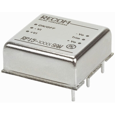 Recom RP15-AW DC-DC Converter, 15V dc/ 1A Output, 9 → 36 V dc Input, 15W, Through Hole, +85°C Max Temp -40°C Min