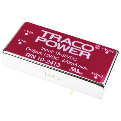 TRACOPOWER TEN 10 DC-DC Converter, 15V dc/ 670mA Output, 18 → 36 V dc Input, 10W, Through Hole, +85°C Max Temp