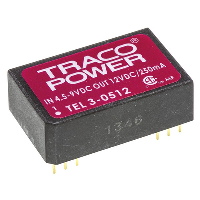 TRACOPOWER TEL 3 DC-DC Converter, 12V dc/ 250mA Output, 4.5 → 9 V dc Input, 3W, Through Hole, +85°C Max Temp