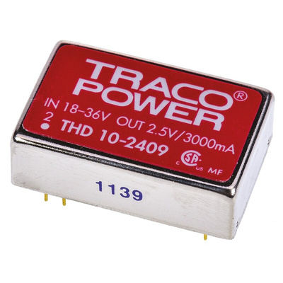 TRACOPOWER THD 10 DC-DC Converter, 2.5V dc/ 3A Output, 18 → 36 V dc Input, 10W, Through Hole, +71°C Max Temp