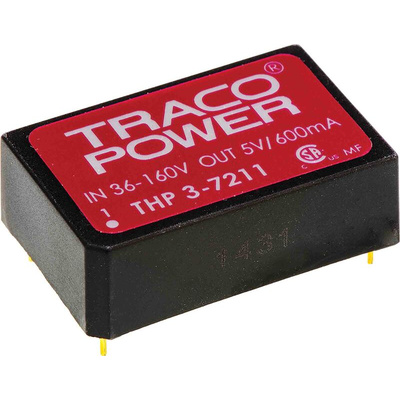 TRACOPOWER THP 3 DC-DC Converter, 5V dc/ ±100mA Output, 36 → 160 V dc Input, 3W, Through Hole, +85°C Max Temp