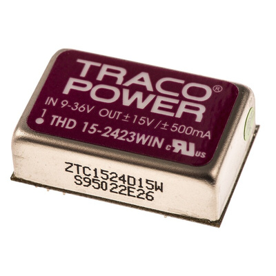 TRACOPOWER THD 15WIN DC-DC Converter, ±15V dc/ ±500mA Output, 9 → 36 V dc Input, 15W, Through Hole, +85°C Max