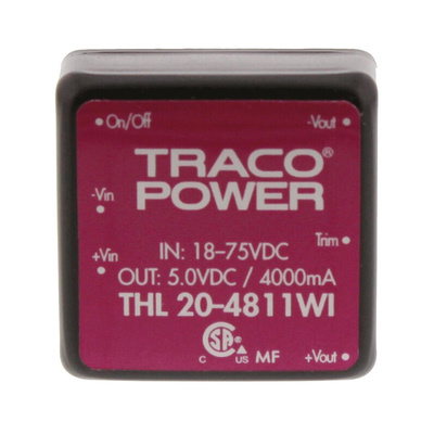 TRACOPOWER THL 20WI DC-DC Converter, 5V dc/ 4A Output, 18 → 75 V dc Input, 20W, Through Hole, +85°C Max Temp