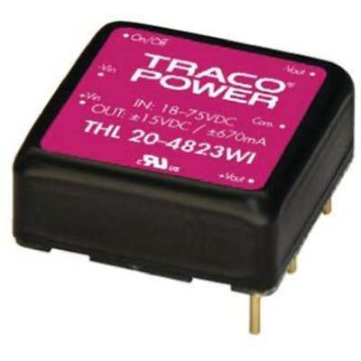 TRACOPOWER THL 20WI DC-DC Converter, ±15V dc/ ±670mA Output, 18 → 75 V dc Input, 20W, Through Hole, +85°C Max