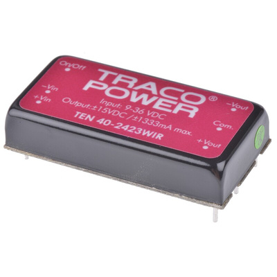 TRACOPOWER TEN 40WIR DC-DC Converter, ±15V dc/ ±1.33A Output, 9 → 36 V dc Input, 40W, Through Hole, +85°C Max