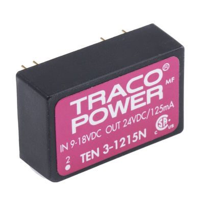TRACOPOWER TEN 3N DC-DC Converter, 24V dc/ 125mA Output, 9 → 18 V dc Input, 3W, Through Hole, +85°C Max Temp