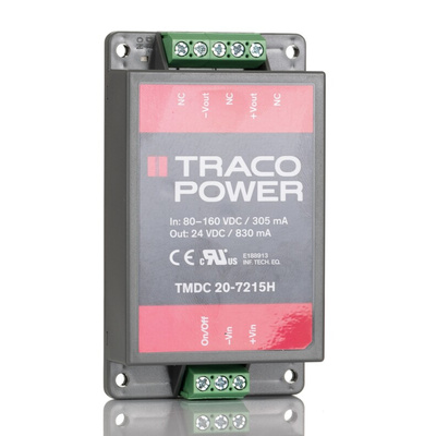 TRACOPOWER TMDC 20H DC-DC Converter, 24V dc/ 830mA Output, 80 → 160 V dc Input, 20W, Chassis Mount, +95°C Max