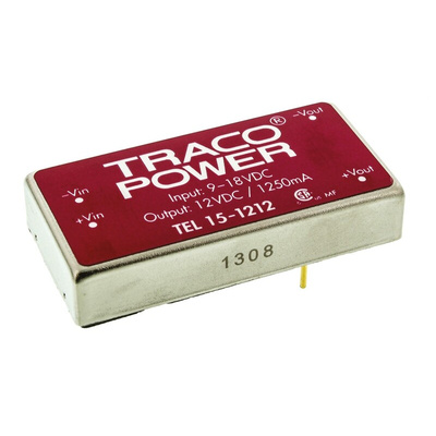 TRACOPOWER TEL 15 DC-DC Converter, 12V dc/ 1.25A Output, 9 → 18 V dc Input, 15W, Through Hole, +71°C Max Temp