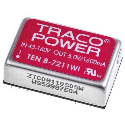 TRACOPOWER TEN 8WI DC-DC Converter, 5V dc/ 1.6A Output, 43 → 160 V dc Input, 8W, Through Hole, +85°C Max Temp