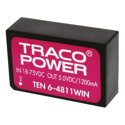 TRACOPOWER TEN 6WIN DC-DC Converter, 5V dc/ 1.2A Output, 18 → 75 V dc Input, 6W, Through Hole, +85°C Max Temp