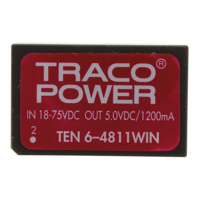 TRACOPOWER TEN 6WIN DC-DC Converter, 5V dc/ 1.2A Output, 18 → 75 V dc Input, 6W, Through Hole, +85°C Max Temp