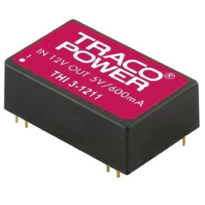 TRACOPOWER THI 3 DC-DC Converter, 5V dc/ 600mA Output, 4.5 → 5.5 V dc Input, 3W, Through Hole
