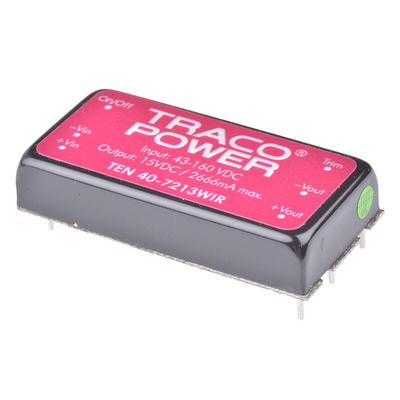 TRACOPOWER TEN 40WIR DC-DC Converter, 15V dc/ 2.67A Output, 43 → 160 V dc Input, 40W, Through Hole, +85°C Max