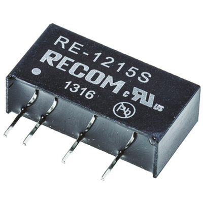 Recom RE DC-DC Converter, 15V dc/ 66mA Output, 10.8 → 13.2 V dc Input, 1W, Through Hole, +85°C Max Temp -40°C