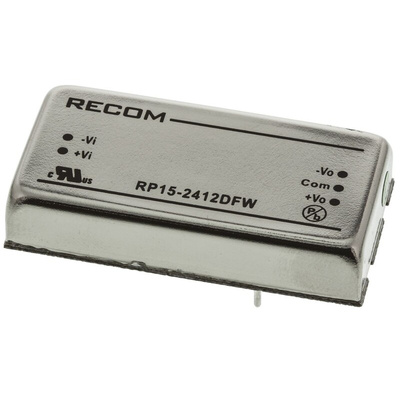 Recom RP15-FW DC-DC Converter, ±12V dc/ ±625mA Output, 9 → 36 V dc Input, 15W, Through Hole, +75°C Max Temp