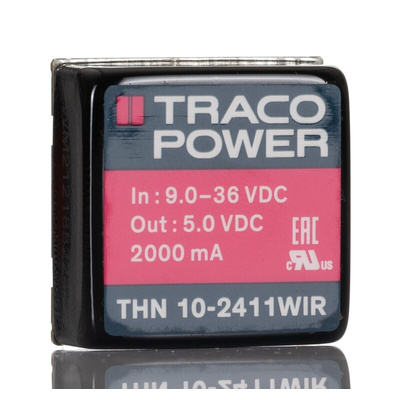 TRACOPOWER THN 10WIR DC-DC Converter, 5V dc/ 2A Output, 9 → 36 V dc Input, 10W, Through Hole, +80°C Max Temp