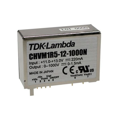 TDK-Lambda CHVM DC-DC Converter, 0 → 1500V dc/ 1mA Output, 11.0 → 13.0 V dc Input, 1.5W, Through Hole,