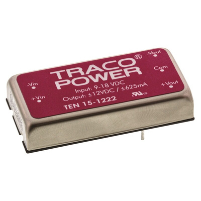 TRACOPOWER TEN 15 DC-DC Converter, ±12V dc/ ±625mA Output, 9 → 18 V dc Input, 15W, Through Hole, +85°C Max Temp
