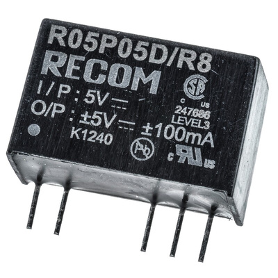 Recom DC-DC Converter, ±5V dc/ ±100mA Output, 4.5 → 5.5 V dc Input, 1W, Through Hole, +85°C Max Temp -40°C Min
