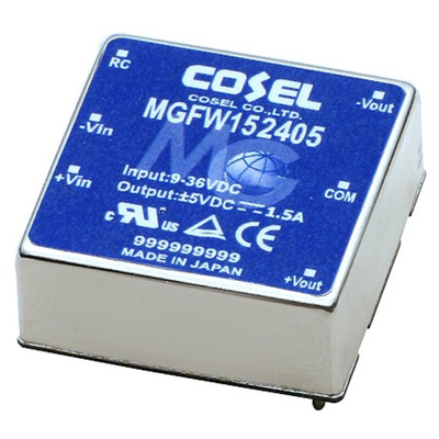 Cosel MGFW DC-DC Converter, ±15V dc/ 500mA Output, 9 → 36 V dc Input, 15W, PCB Mount, +85°C Max Temp -40°C Min