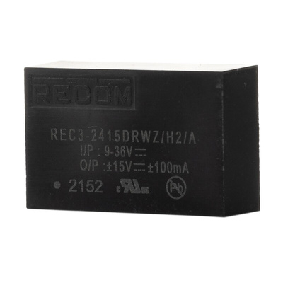 Recom REC3 DC-DC Converter, ±15V dc/ ±100mA Output, 9 → 36 V dc Input, 3W, Through Hole, +85°C Max Temp -40°C