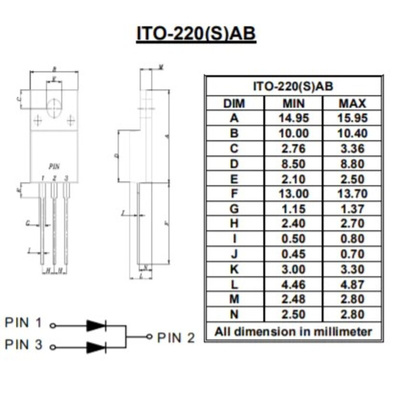 Diodes Inc 100V Rectifier & Schottky Diode, JEDEC TO-220ABFP G20H100CTFW