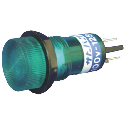 Green Neon Indicator Lamp, , Solder/Push-On Terminals, 100 → 125 V ac