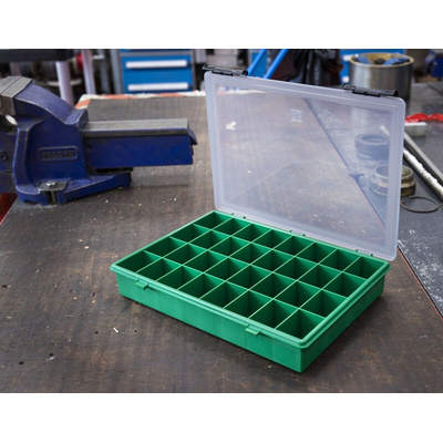 RS PRO 32 Cell Green PP Compartment Box, 57mm x 338mm x 260mm