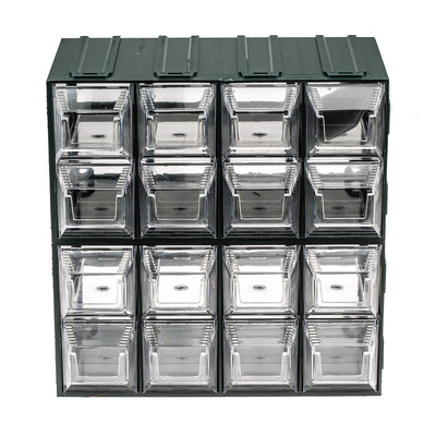 RS PRO 16 Drawer Storage Unit, Plastic, 208mm x 208mm x 132mm, Transparent