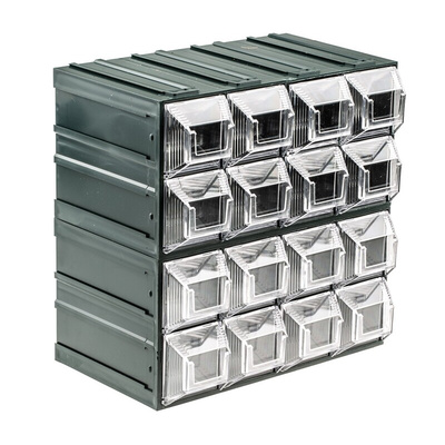 RS PRO 16 Drawer Storage Unit, Plastic, 208mm x 208mm x 132mm, Transparent