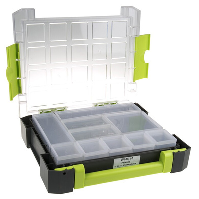 RS PRO 10 Cell Transparent, Grey, Green PP Compartment Box, 325mm x 275mm x 70mm