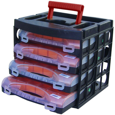 RS PRO 64 Cell Black, Red, Transparent Polypropylene, Adjustable Compartment Box, 300mm x 280mm x 320mm