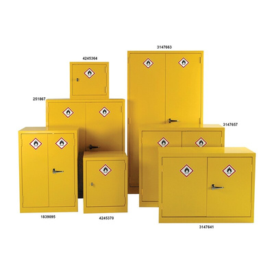 RS PRO Yellow Steel Lockable 1 Door Flammable Cabinet, 457mm x 457mm x 305mm
