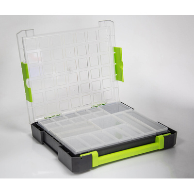 RS PRO 21 Cell Transparent, Grey, Green PP Compartment Box, 425mm x 375mm x 70mm