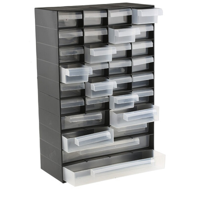 RS PRO 30 Drawer Unit, Plastic, 420mm x 270mm x 130mm, Black