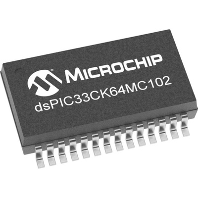 DSPIC33CK64MC102-I/M6 Microchip dsPIC33CK64MC10X, 16bit Digital Signal Processor 100MHz 64 kB Flash 28-Pin SSOP/UQFN