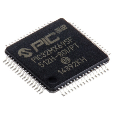 Microchip PIC32MX695F512H-80I/PT, 32bit PIC Microcontroller, PIC32MX, 80MHz, 12 kB, 512 kB Flash, 64-Pin TQFP