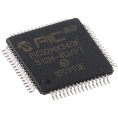 Microchip PIC32MX340F512H-80I/PT, 32bit PIC Microcontroller, PIC32MX, 80MHz, 12 kB, 512 kB Flash, 64-Pin TQFP