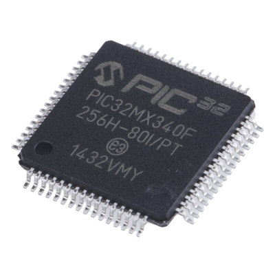 Microchip PIC32MX340F256H-80I/PT, 32bit PIC Microcontroller, PIC32MX, 80MHz, 12 kB, 256 kB Flash, 64-Pin TQFP