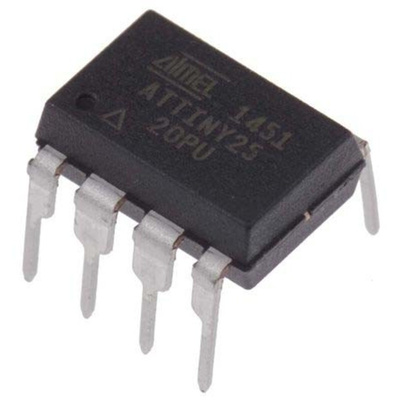 Microchip ATTINY25-20PU, 8bit AVR Microcontroller, ATtiny25, 20MHz, 2 kB Flash, 8-Pin PDIP