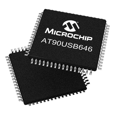 Microchip AT90USB646-AU, 8bit AVR Microcontroller, AT90, 16MHz, 64 kB Flash, 64-Pin TQFP