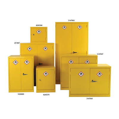 RS PRO Yellow Steel Lockable 2 Door Hazardous Substance Cabinet, 900mm x 600mm x 500mm