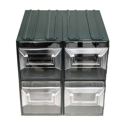 RS PRO 4 Drawer Storage Unit, Plastic, 208mm x 208mm x 222mm, Transparent