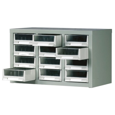 RS PRO 12 Drawer Storage Unit, Steel, 350mm x 586mm x 290mm, Grey