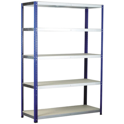 RS PRO Blue 5 Shelf Chipboard, Galvanised Steel Eco-Rax Shelving System, 1800mm x 900mm, 600mm, 265kg Load