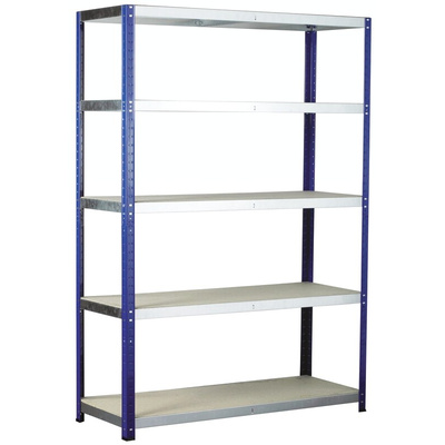 RS PRO Blue 5 Shelf Chipboard, Galvanised Steel Eco-Rax Shelving System, 1800mm x 1200mm, 600mm, 265kg Load